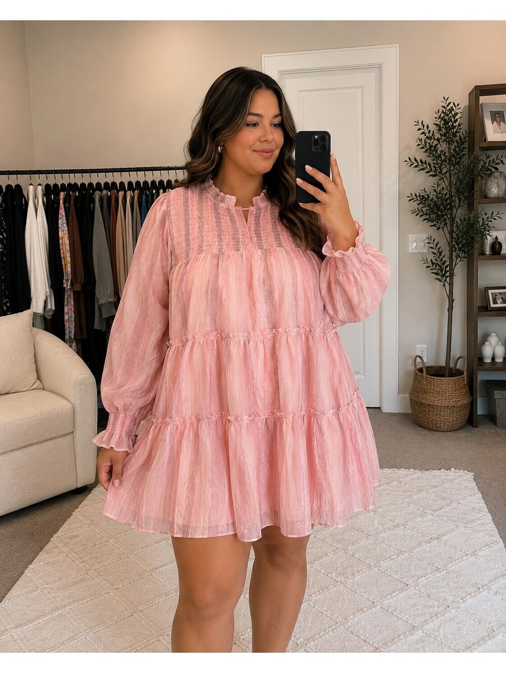 Large Entro Pink Tiered Long Sleeve Mini Dress with Ruffle Details